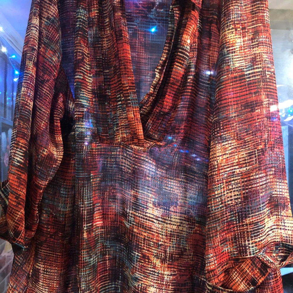 Sheer plaid red & gold & many more Catherine’s tunic. 4X